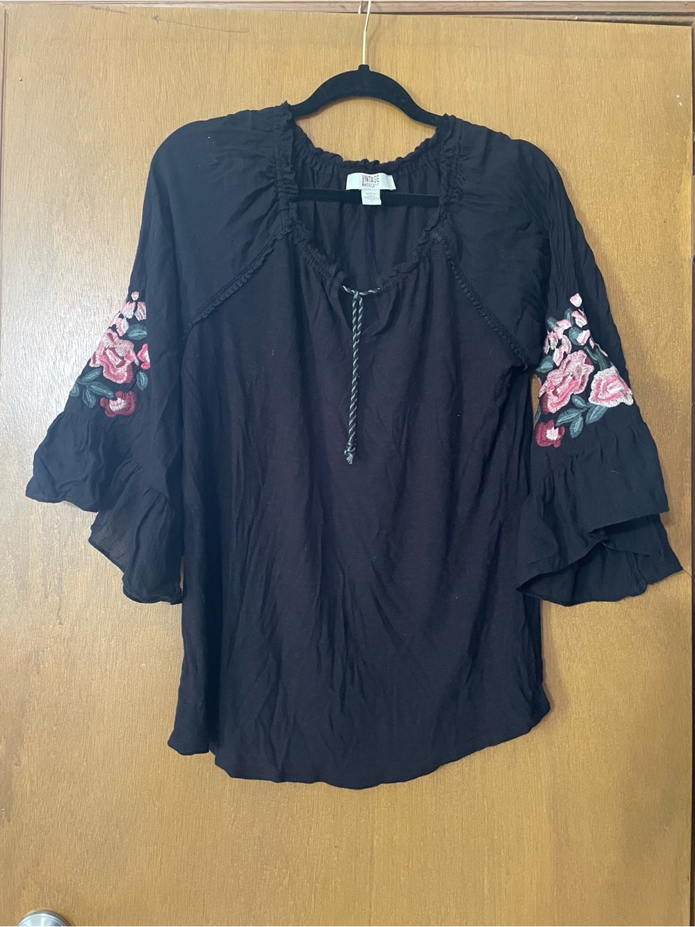 Vintage America Black Peasant Tunic with Pink Rose Embroidery